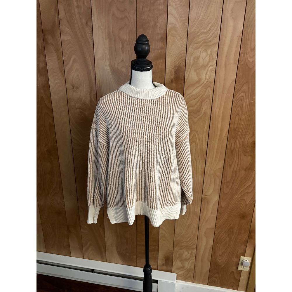 Aerie Womens XXS Oversized Ribbed Knit Mock Neck Striped Sweater Tan Cream